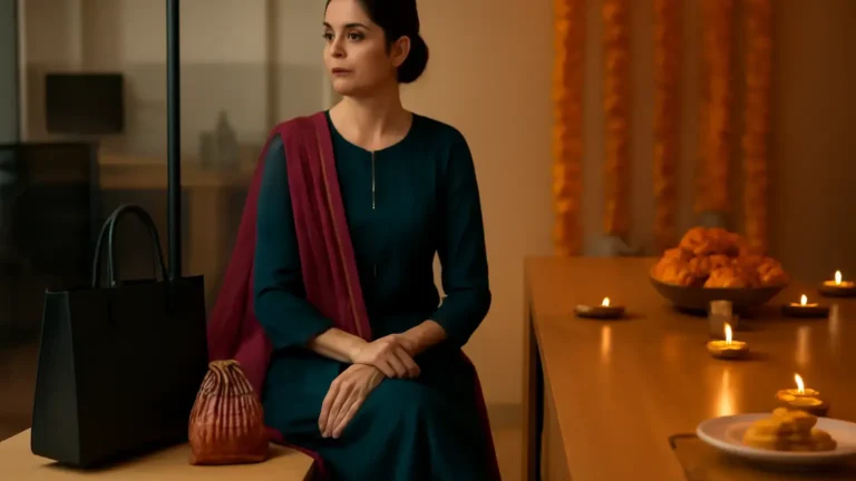Indian professional in a jewel-tone kurta set styled for an office Diwali party and dinner
