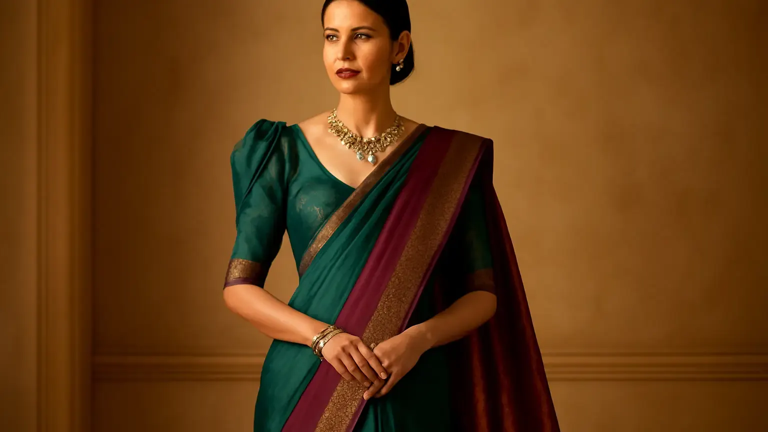 Indian woman in a balanced jewel-toned festive saree with statement sleeves and an elegant pallu drape