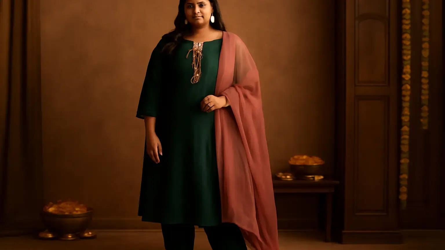 Plus-size Indian woman in a jewel-toned festive kurta set with a softly draped dupatta