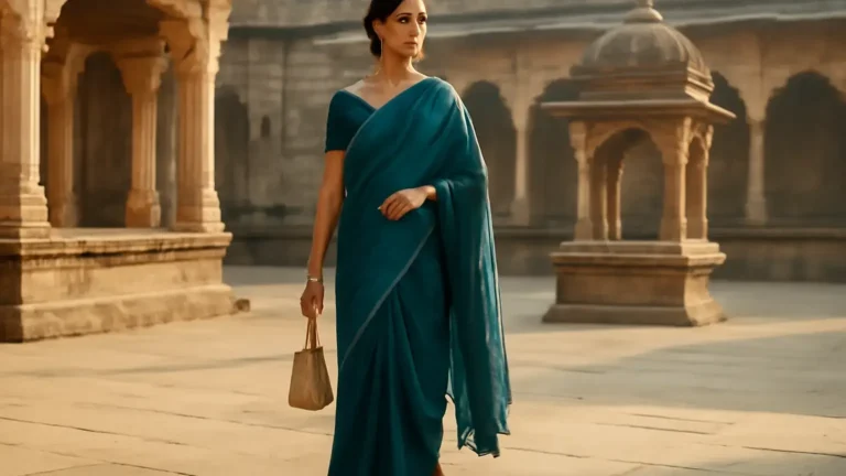 Woman in a breathable festive cotton saree and practical flats at an Indian temple courtyard