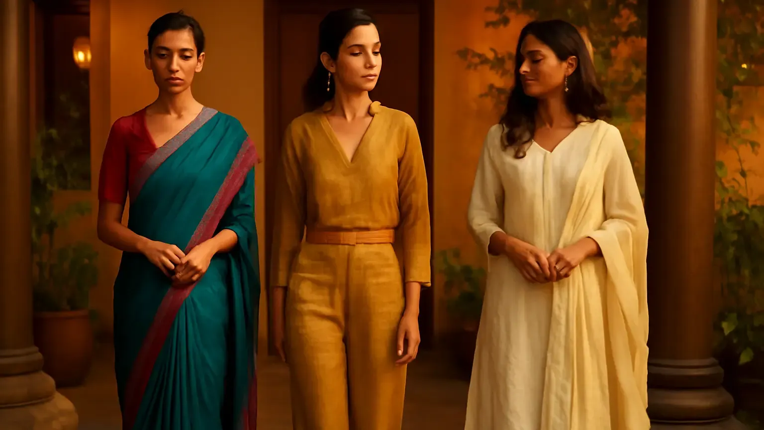 Indian women wearing breathable festive sarees, co-ords and kurta outfits at a warm evening celebration