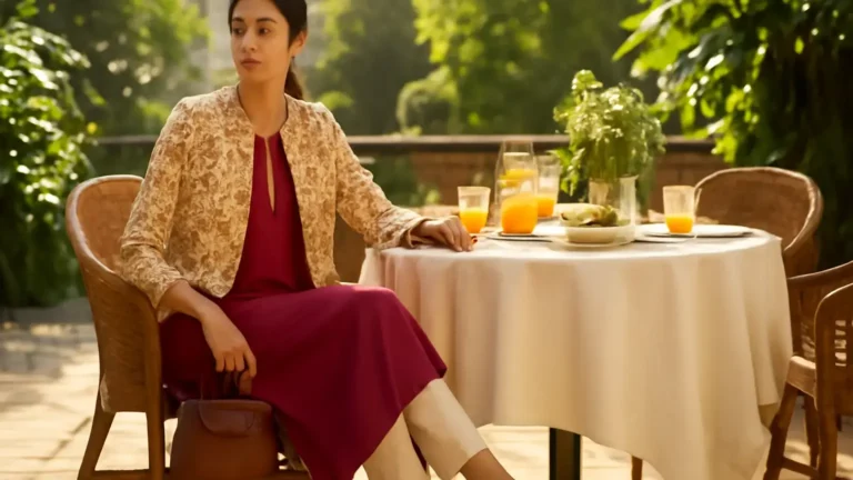 Indian woman in a jewel-tone layered outfit at a sunny festive winter brunch