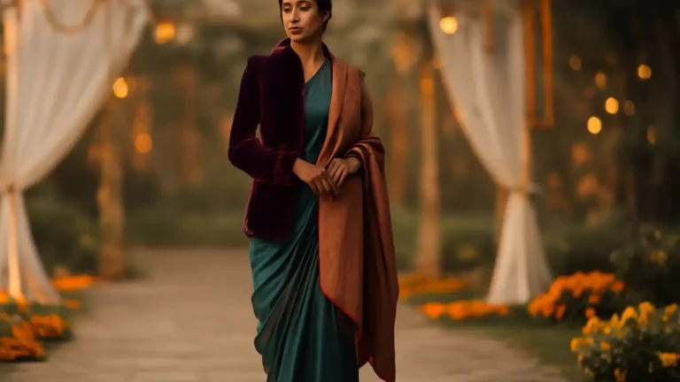 Indian wedding guest in a silk saree, velvet jacket and pashmina shawl at a winter celebration