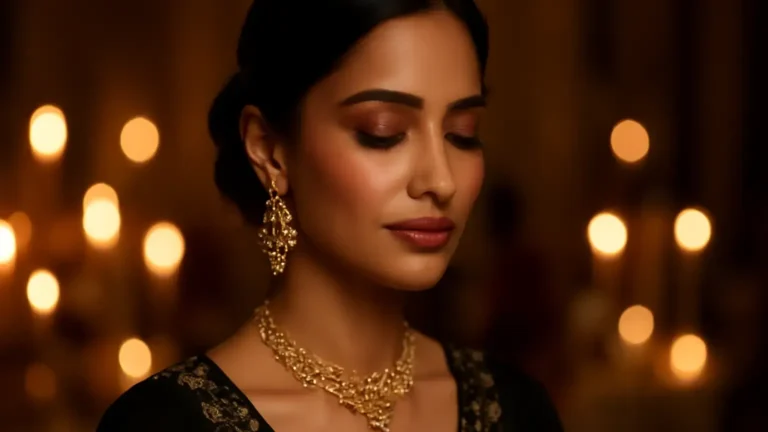 Indian woman in a black festive outfit wearing softly blended bronze and berry makeup in warm evening light.