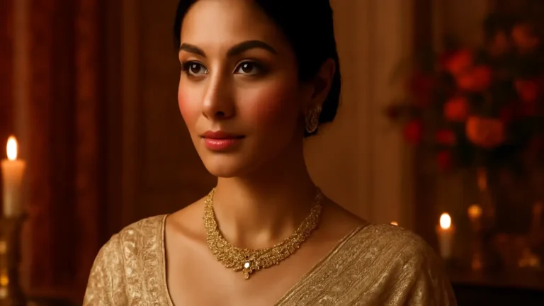 Indian woman in a champagne-gold festive outfit wearing softly defined rose and berry makeup