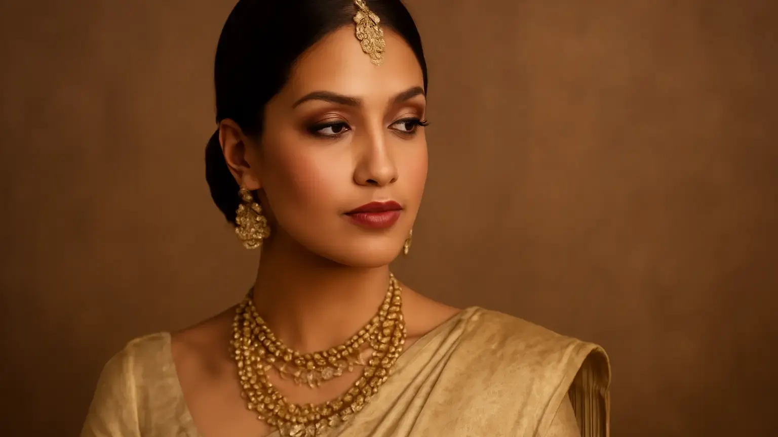 Indian festive beauty look with bronze, plum and rose makeup paired with a gold outfit
