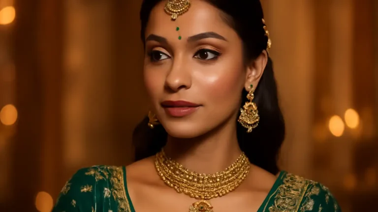 Indian festive makeup with softly blended gold and brown eyeshadow paired with an emerald green lehenga