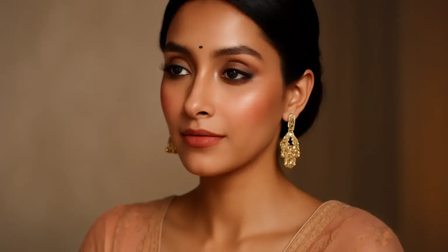 Indian festive makeup look with bronze, rose-mauve and terracotta tones styled with a peach outfit