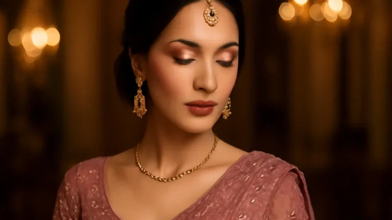 Indian wedding guest in a dusty rose lehenga with bronze eyes, rose cheeks and a berry lip