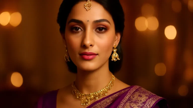 Indian festive beauty look with purple outfit, warm metallic eyes and berry-toned lips