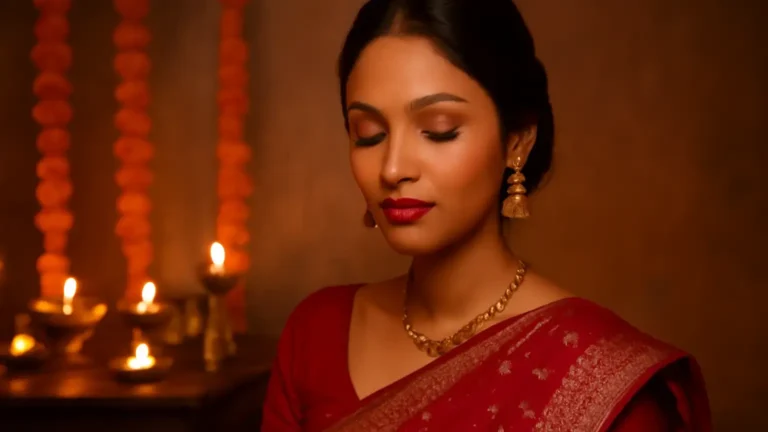 Indian woman in a red festive outfit with coordinated bronze eyes, rosy cheeks and a defined red lip