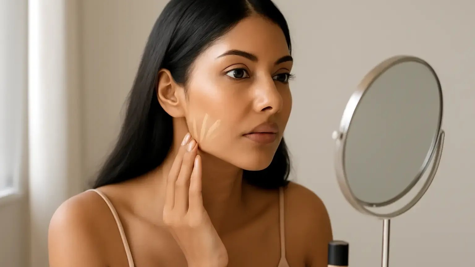 Indian woman comparing foundation swatches along her jawline in natural daylight