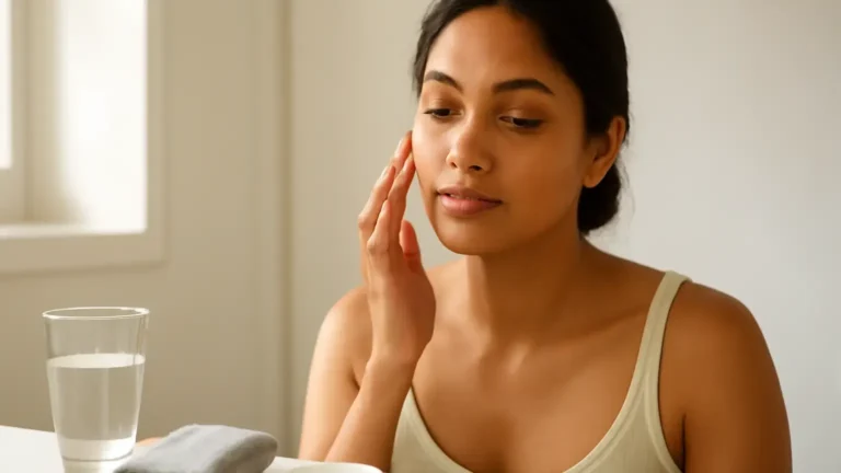 Indian woman applying moisturiser during a gentle morning skincare routine after a late night