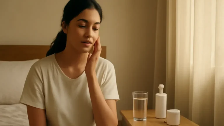 Indian woman enjoying soft morning light in a calm bedroom after a restful night