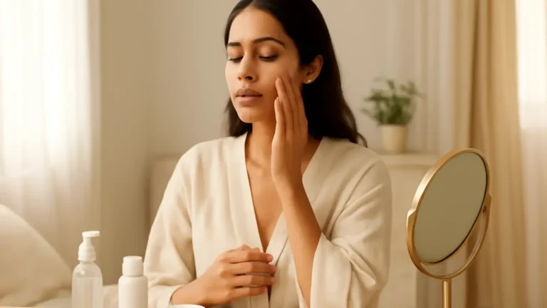 Indian woman preparing hydrated skin for gentle party makeup beside an unbranded skincare setup