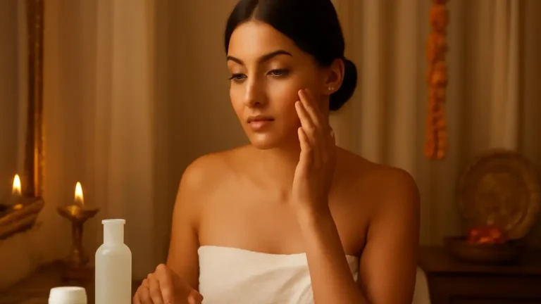 Woman preparing hydrated skin at a vanity before an Indian celebration