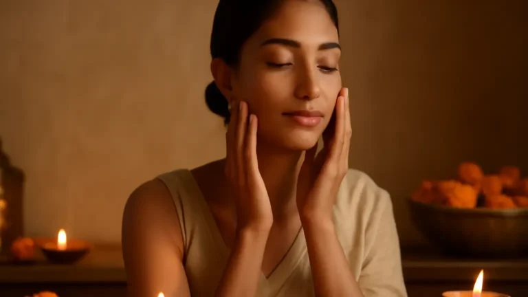 Woman following a calm skincare routine beside Diwali diyas
