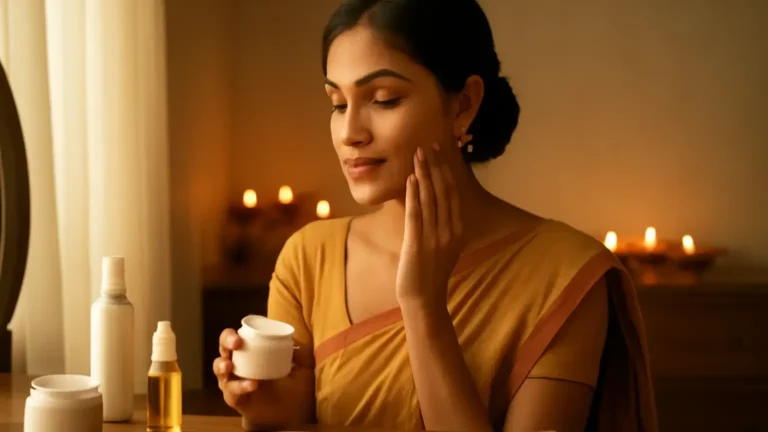 South Asian woman preparing a gentle skincare routine beside Diwali diyas