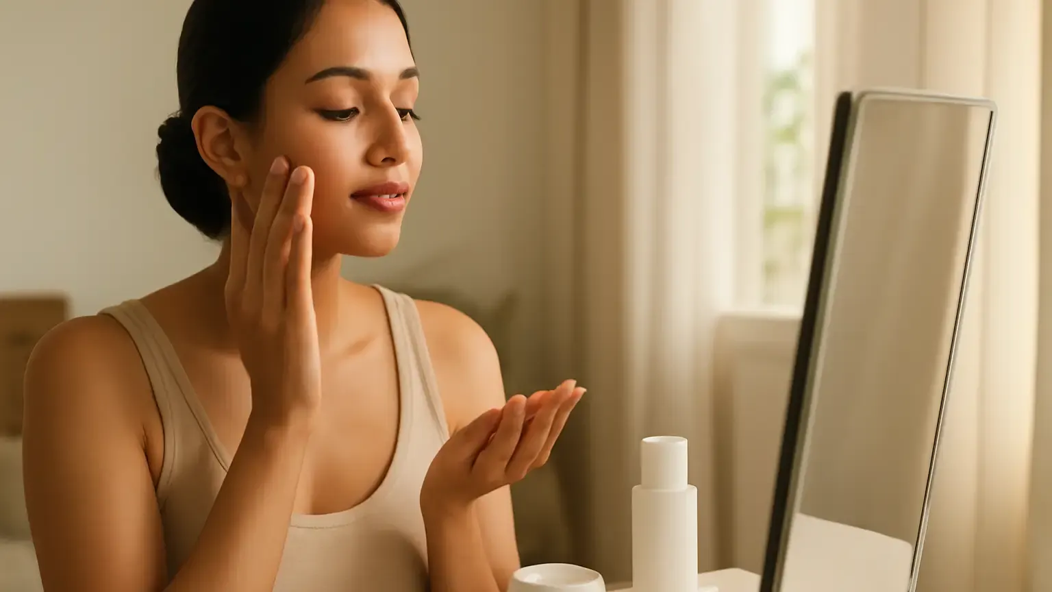 Indian woman applying moisturiser while preparing her skin before photographs
