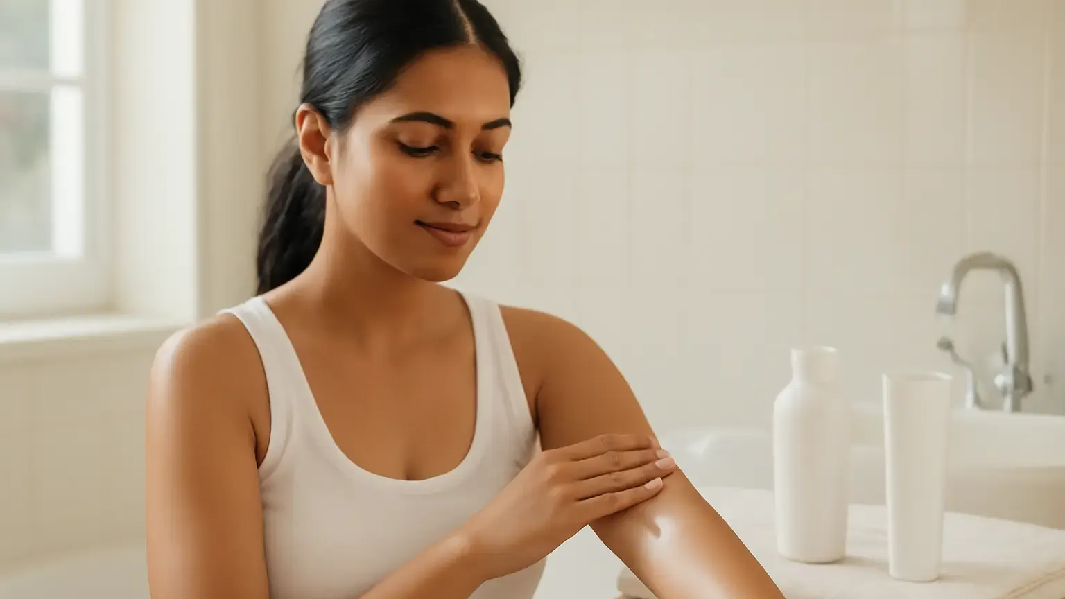 Indian woman applying moisturiser to her arm during a simple body care routine