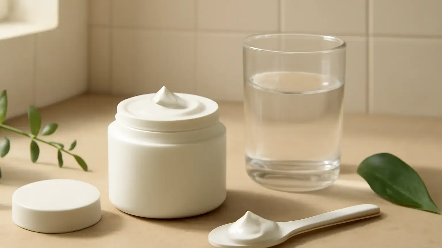 Unbranded ceramide moisturiser and hydrating skincare elements on a light bathroom counter