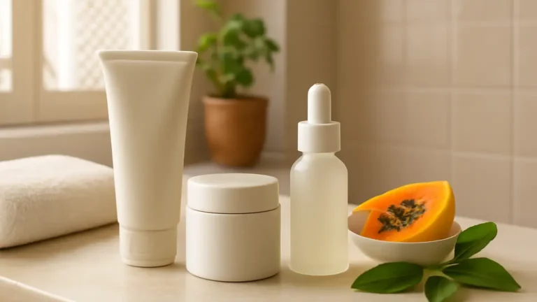 Unbranded scrub, enzyme mask and acid serum arranged for a glowing-skin skincare routine