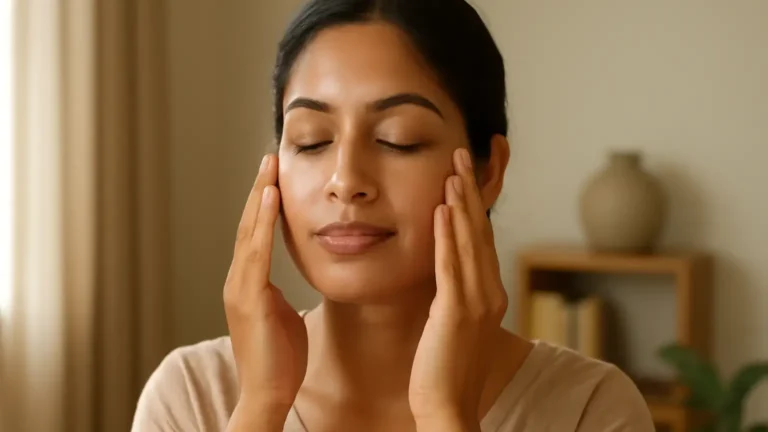 Indian woman gently massaging moisturised skin with clean fingertips at home
