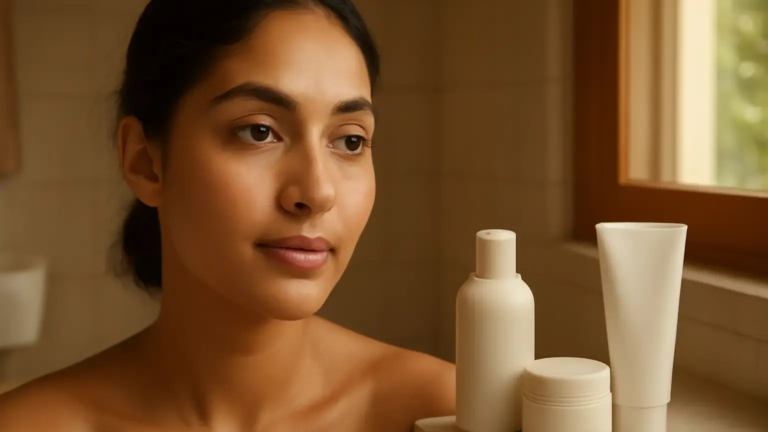 Person with naturally radiant skin beside a simple gentle skincare routine in soft morning light.