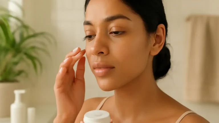 Woman layering a lightweight serum and moisturiser for hydrated glowing skin in an Indian home setting.