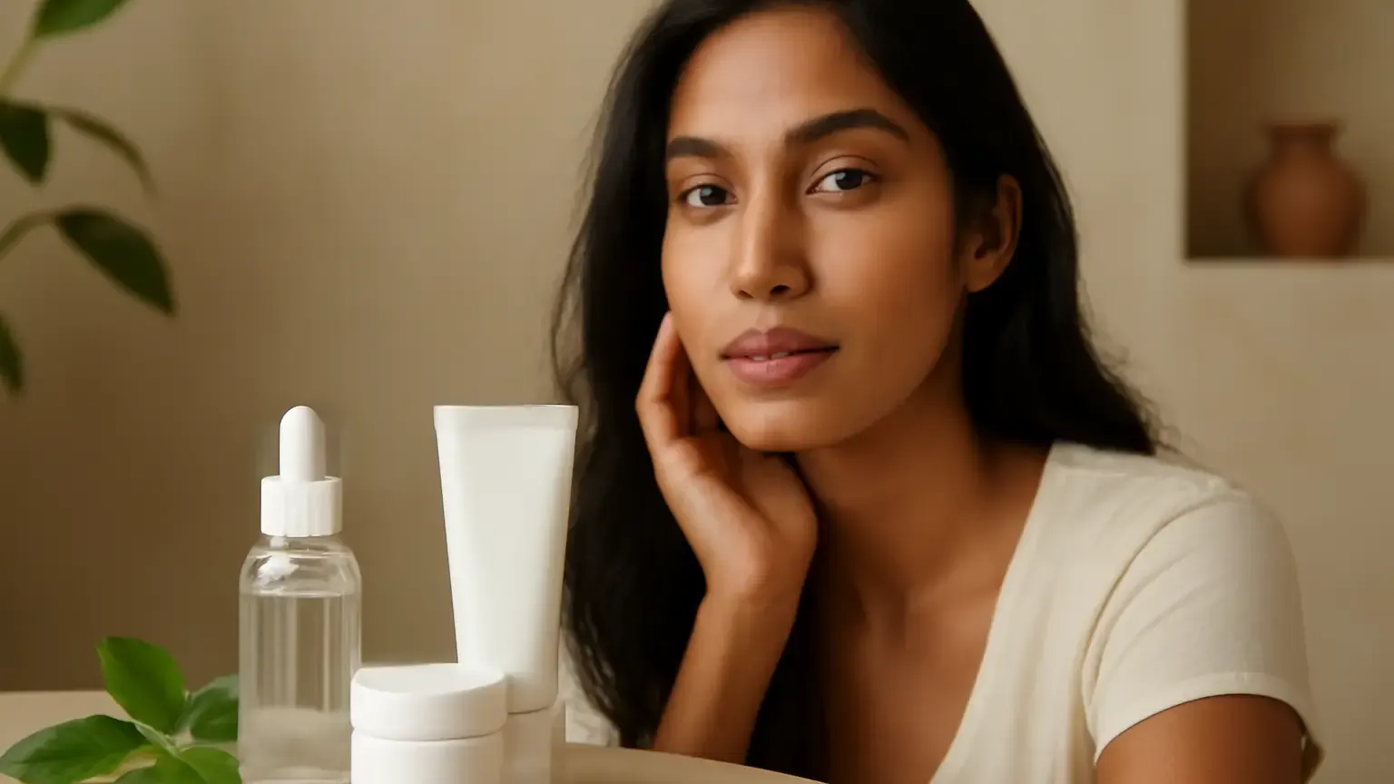 Indian woman with naturally glowing skin beside simple hydrating skincare products