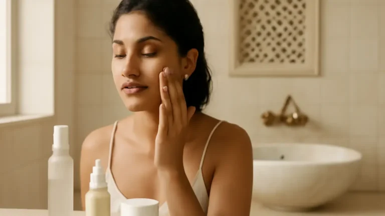 Woman layering lightweight hydrating skincare for a smooth glowing finish