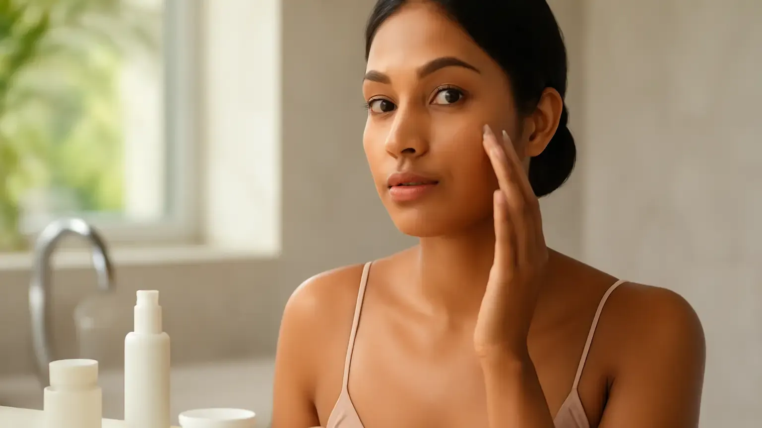 Indian woman layering lightweight moisturiser before sunscreen for a smooth hydrated glow