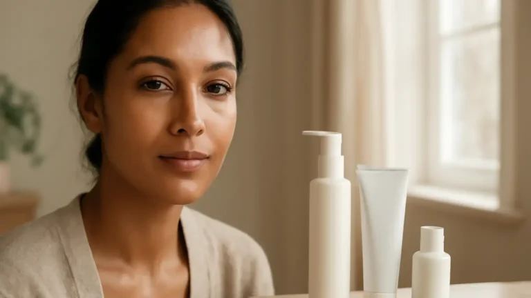 Indian woman with naturally luminous moisturised skin beside simple winter skincare products