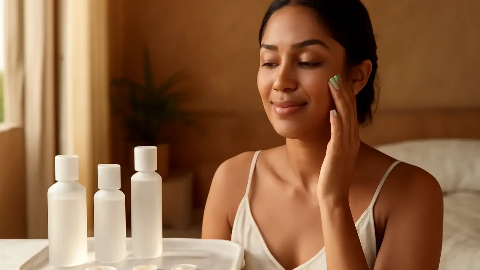 Indian woman applying sunscreen as the final step of a light morning skincare routine