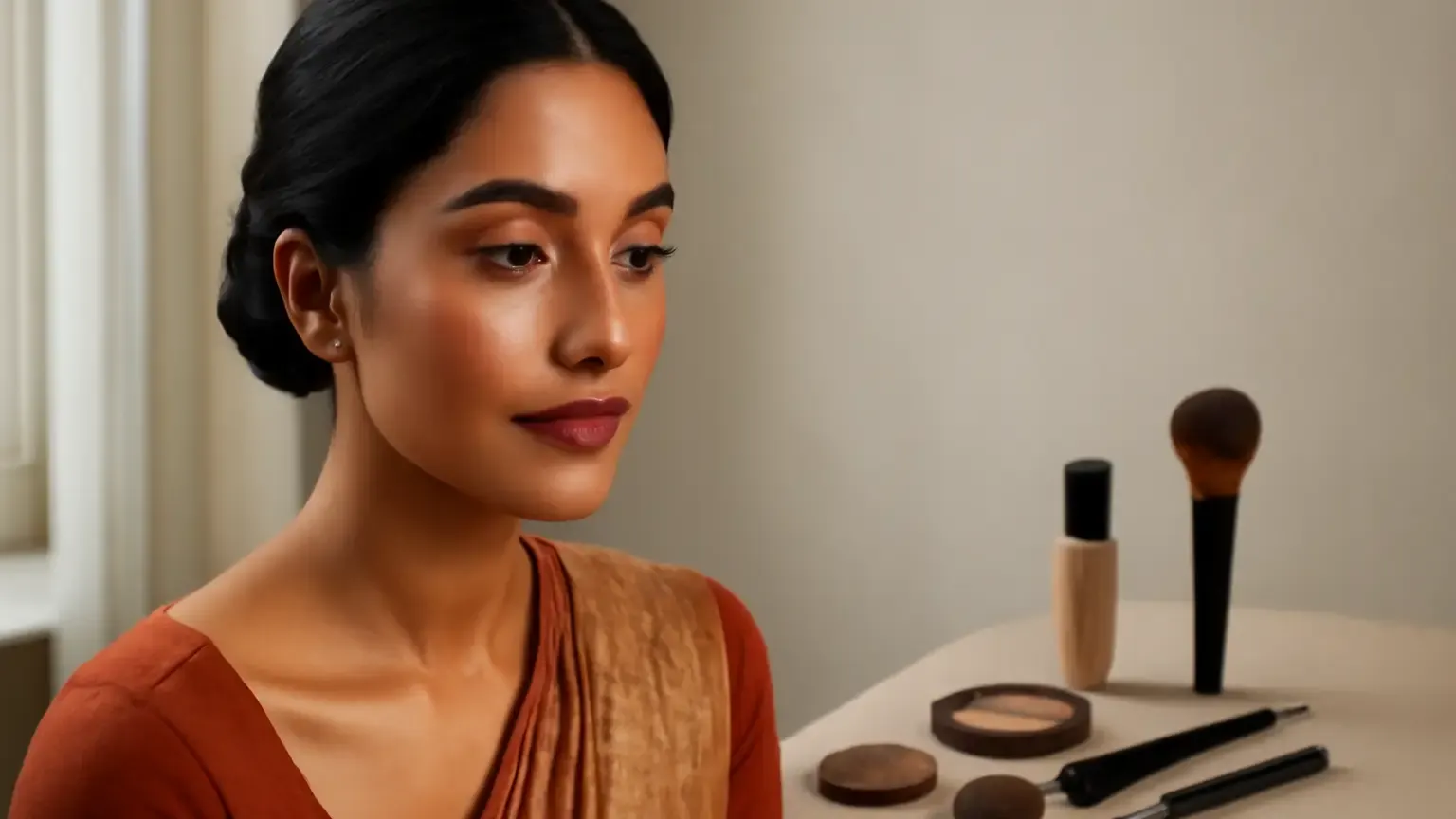 Indian wedding guest with softly radiant makeup and a controlled luminous complexion