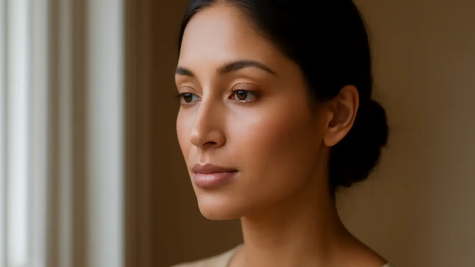 Indian woman wearing a softly radiant satin makeup look in natural window light