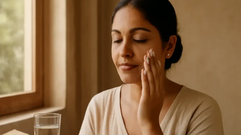 Indian woman applying moisturiser to fresh, natural skin in soft daylight