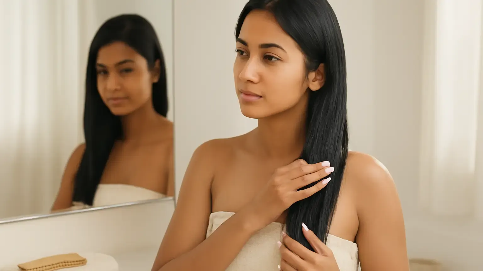 Woman gently conditioning long dark hair in a bright bathroom