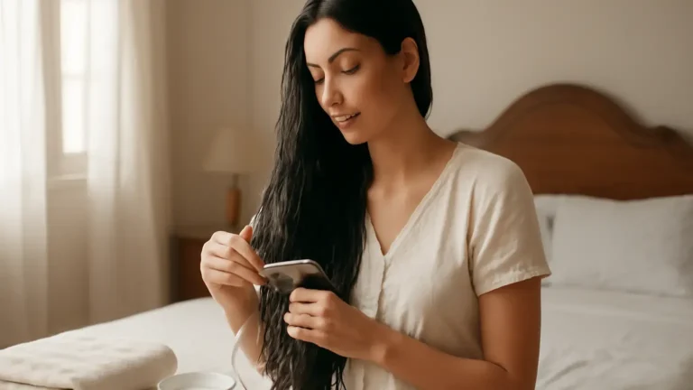 Woman gently detangling damp hair after removing wedding styling products