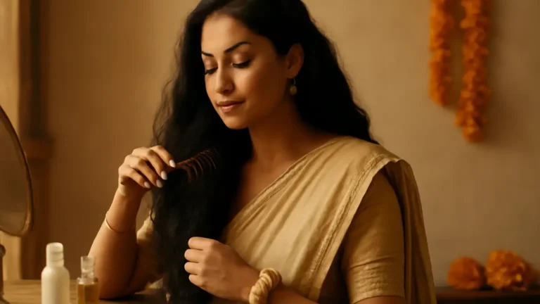 Woman gently refreshing her hair between festive events with a comb and soft styling accessories