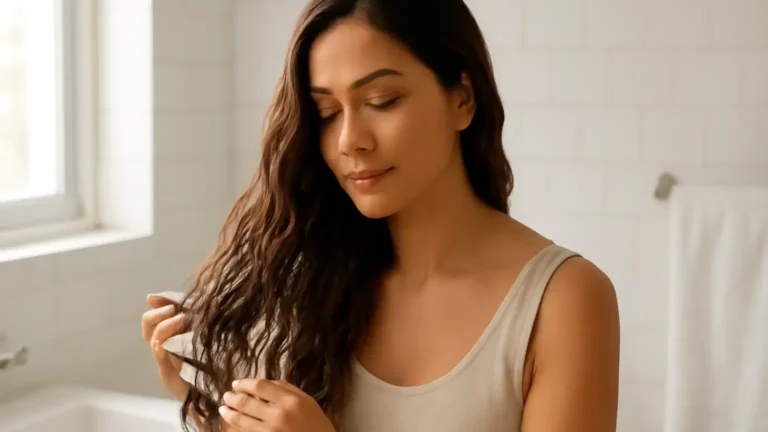 Woman conditioning coloured hair in a bright bathroom