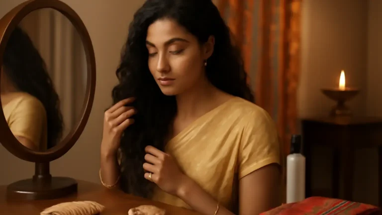 Indian woman preparing her hair for a festive event with combs and hair accessories