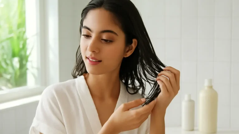 Woman applying conditioner to the mid-lengths of fine hair while keeping the roots product-free