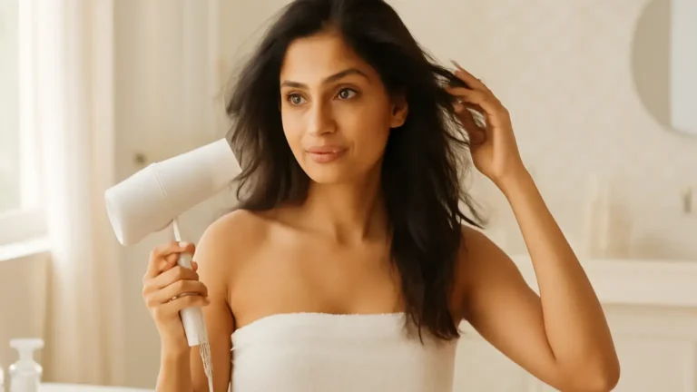 Woman blow-drying fine hair upward for soft root volume in an Indian dressing space