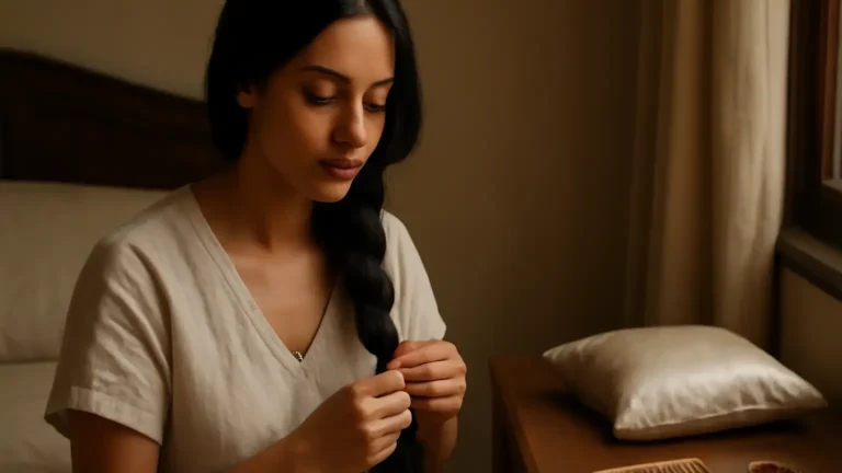 Woman preparing a loose braid beside a satin pillowcase for bedtime hair care