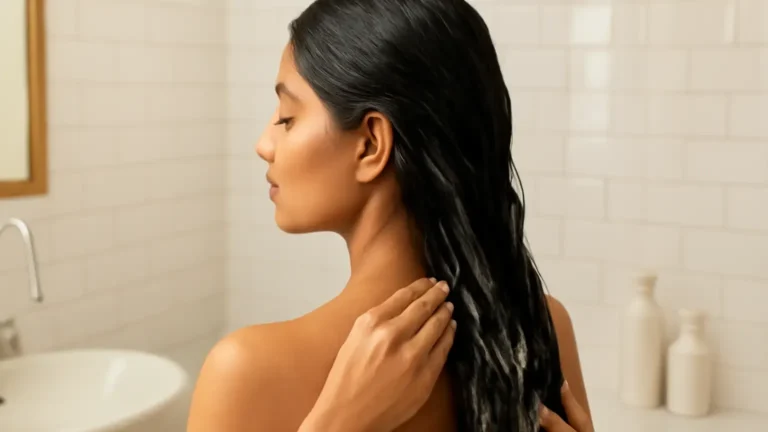 Woman applying conditioner to the lengths of long hair while keeping the oily scalp area clear