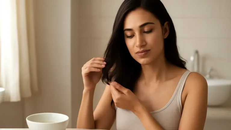 Indian woman applying a small amount of oil to her hair lengths before shampooing
