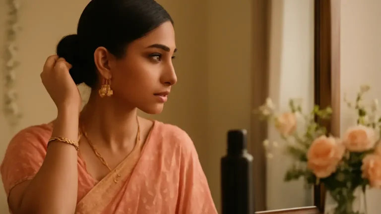 Indian wedding guest preparing a polished low bun before a function