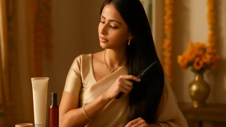 Indian wedding guest preparing smooth hair with a comb and hair care products