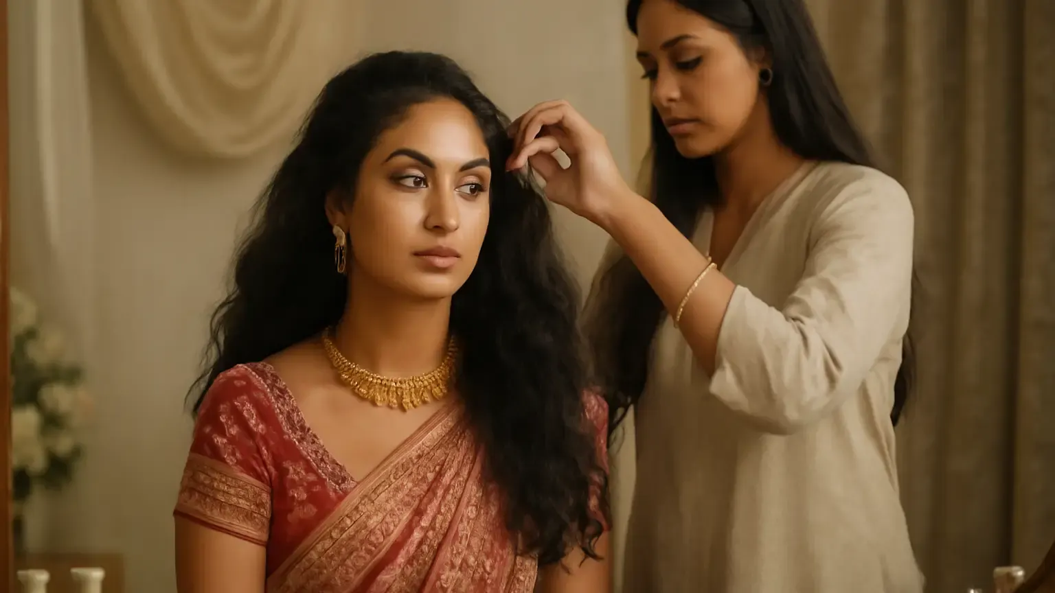 Indian bride having her hair gently prepared at a wedding-week styling appointment